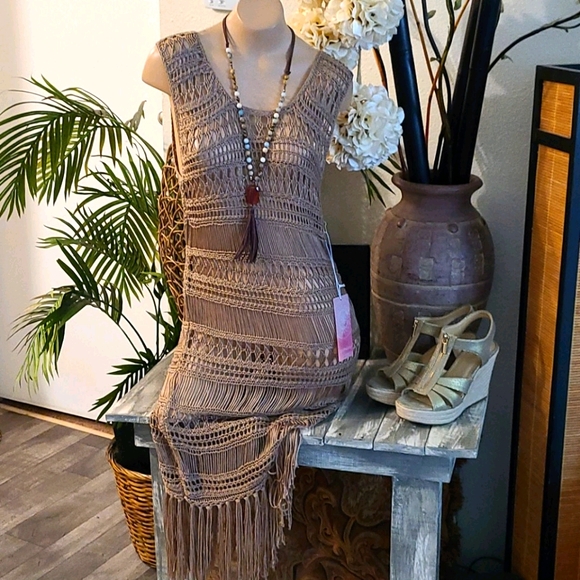 Onetheland Dresses & Skirts - NWT BO HO CROCHET BEIGE UNIQUE LONG DRESS COVERUP